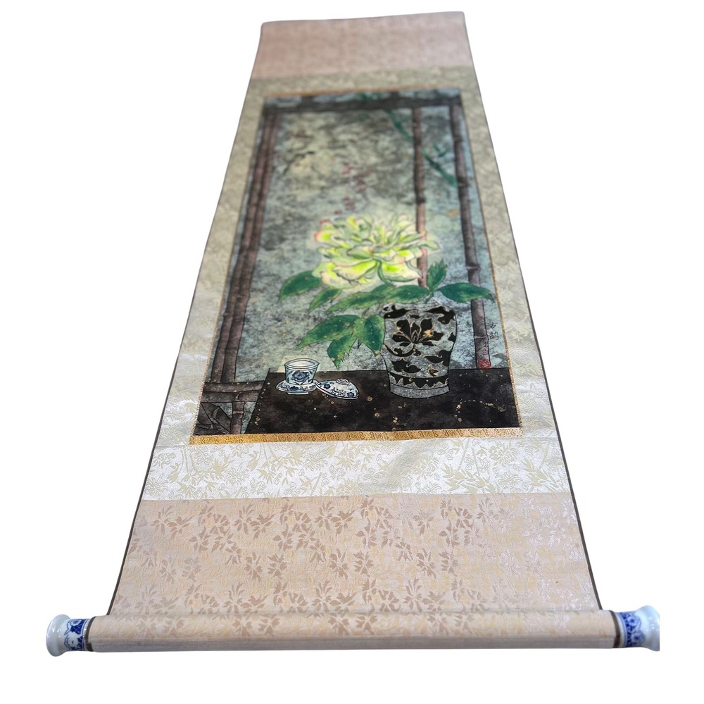 Vintage Asian Wall Scroll Yellow Peony Flower Silk Brocade Porcelain Ends 48in
